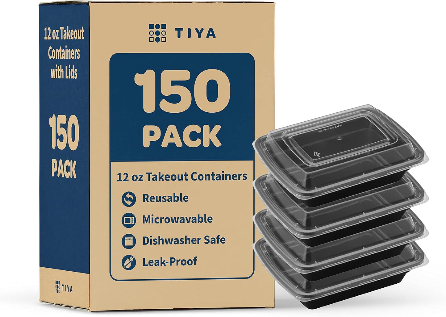 TIYA Food Containers - 12 oz Bulk 150 Pack for Meal Prep
