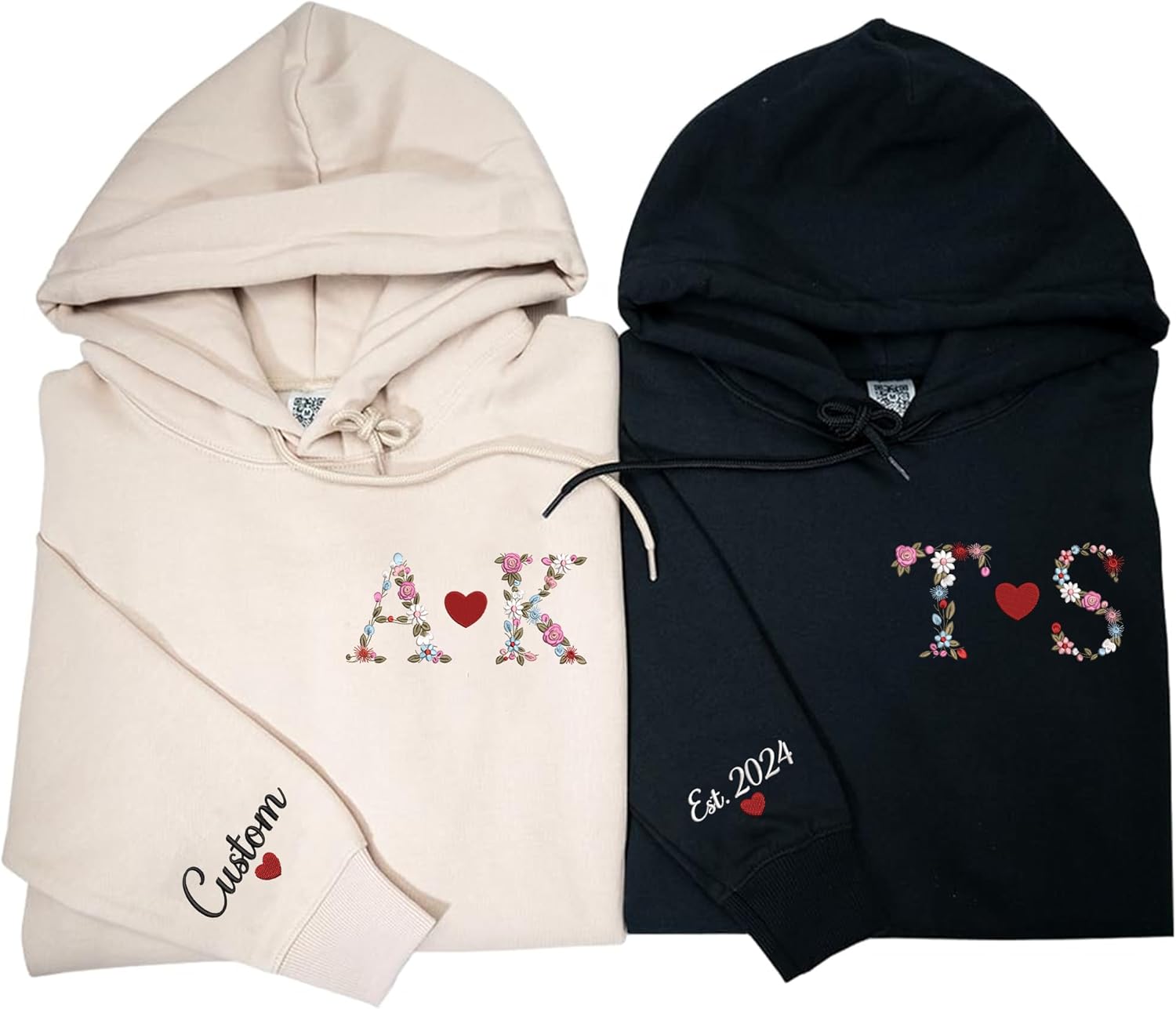 Personalized Matching Hoodies | Custom Embroidered Floral Initials | Perfect Gift for Love & Celebrations