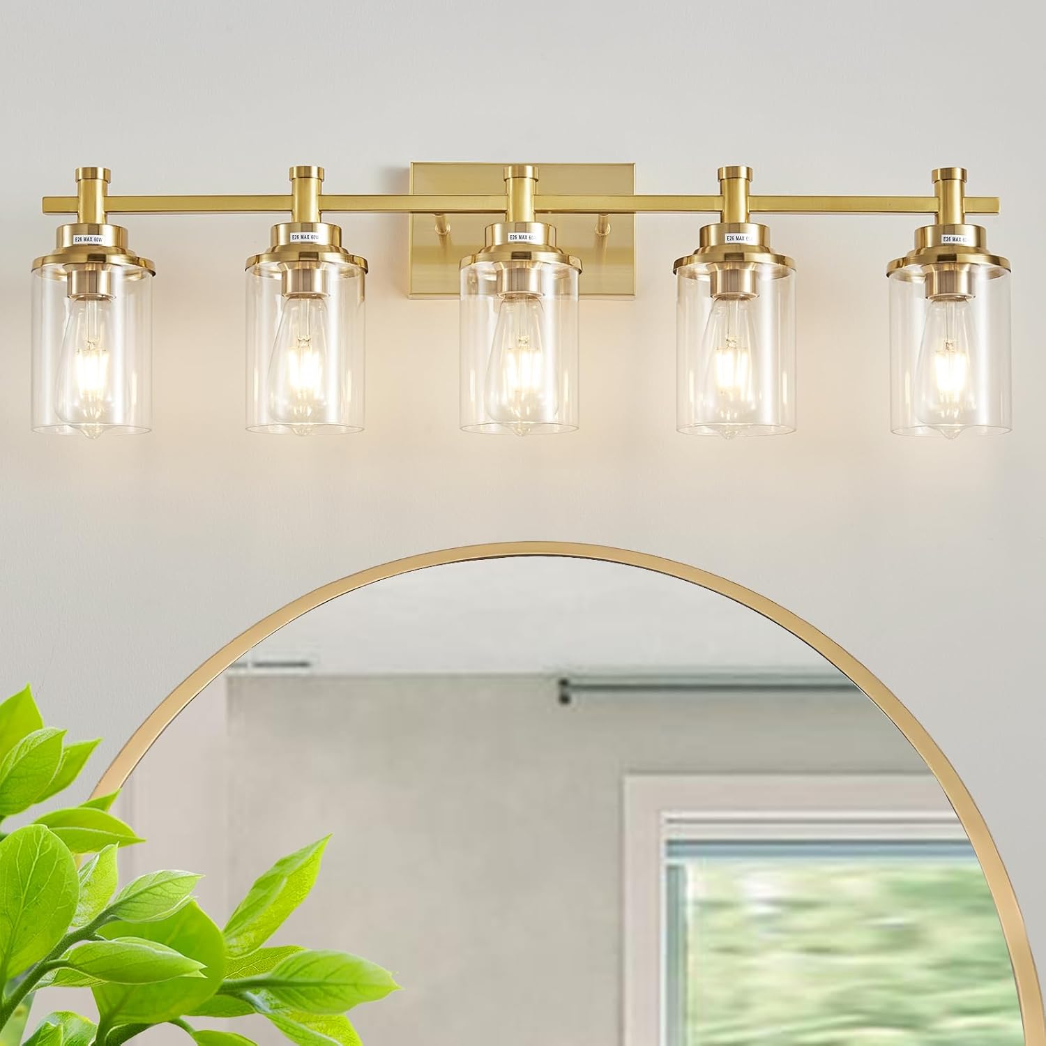 5-Light Modern Vanity Lights Over Mirror in Brushed Brass Finish