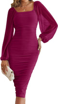 Women's Long Sleeve Wedding Guest Bodycon Dress - Ruched Midi