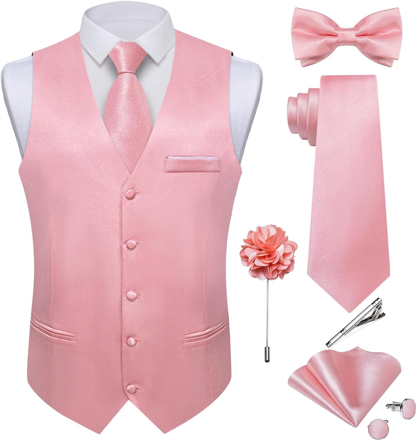 DiBanGu Mens Satin Suit Vest and Tie Set for Formal Events