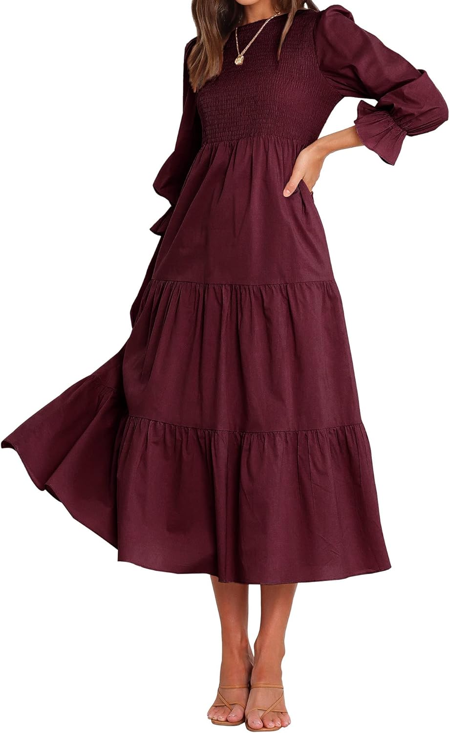 BTFBM Women Casual Long Sleeve Crew Neck Fall Maxi Dress
