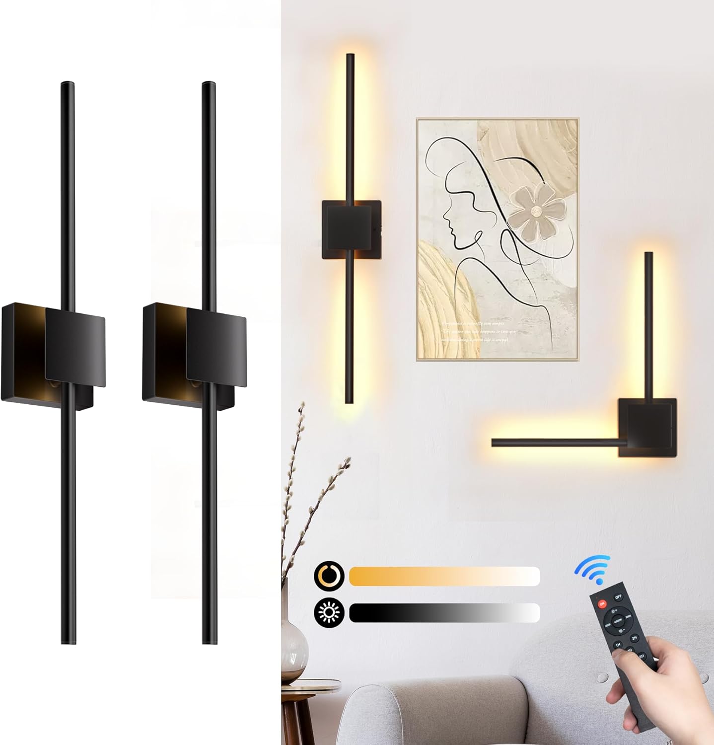 Battery Operated Wall Sconces Set of 2 for Modern Decor