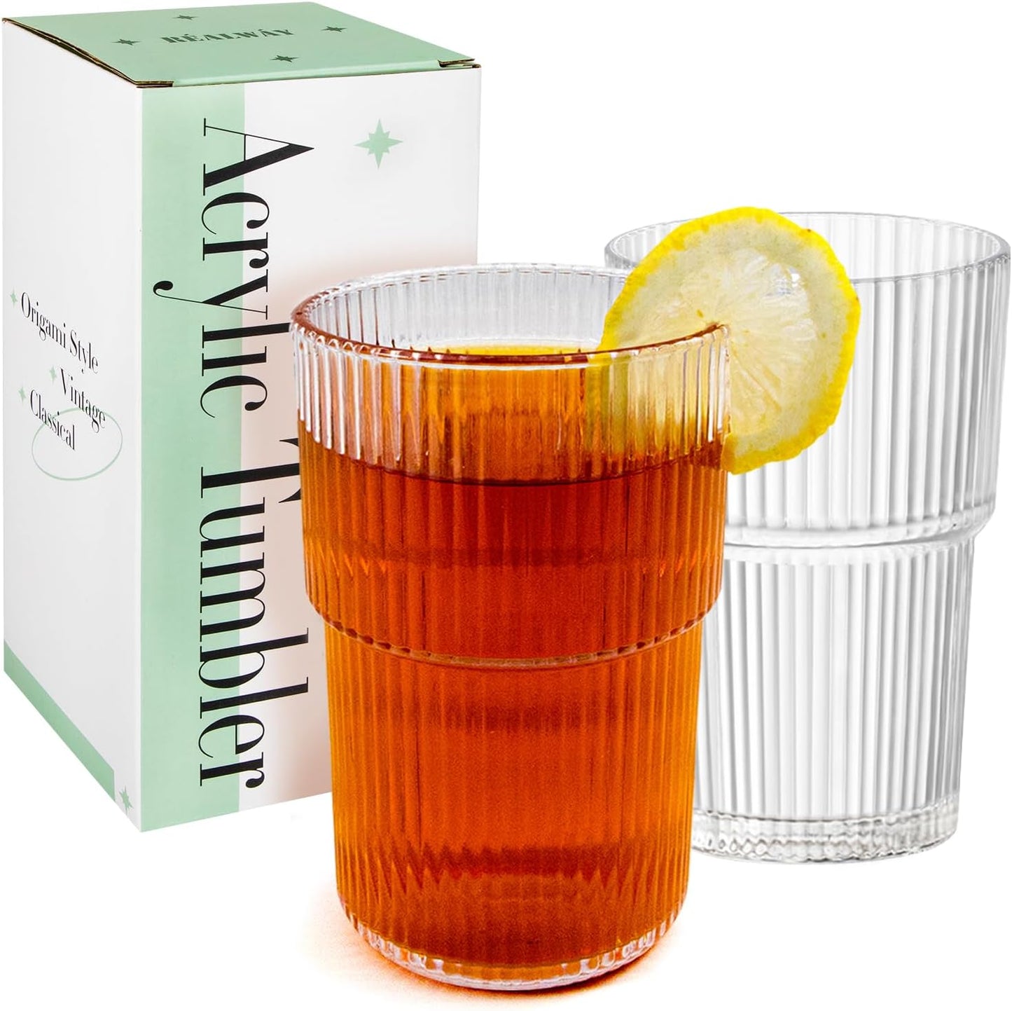 REALWAY 17oz Ribbed Plastic Glasses for Kitchen & Parties