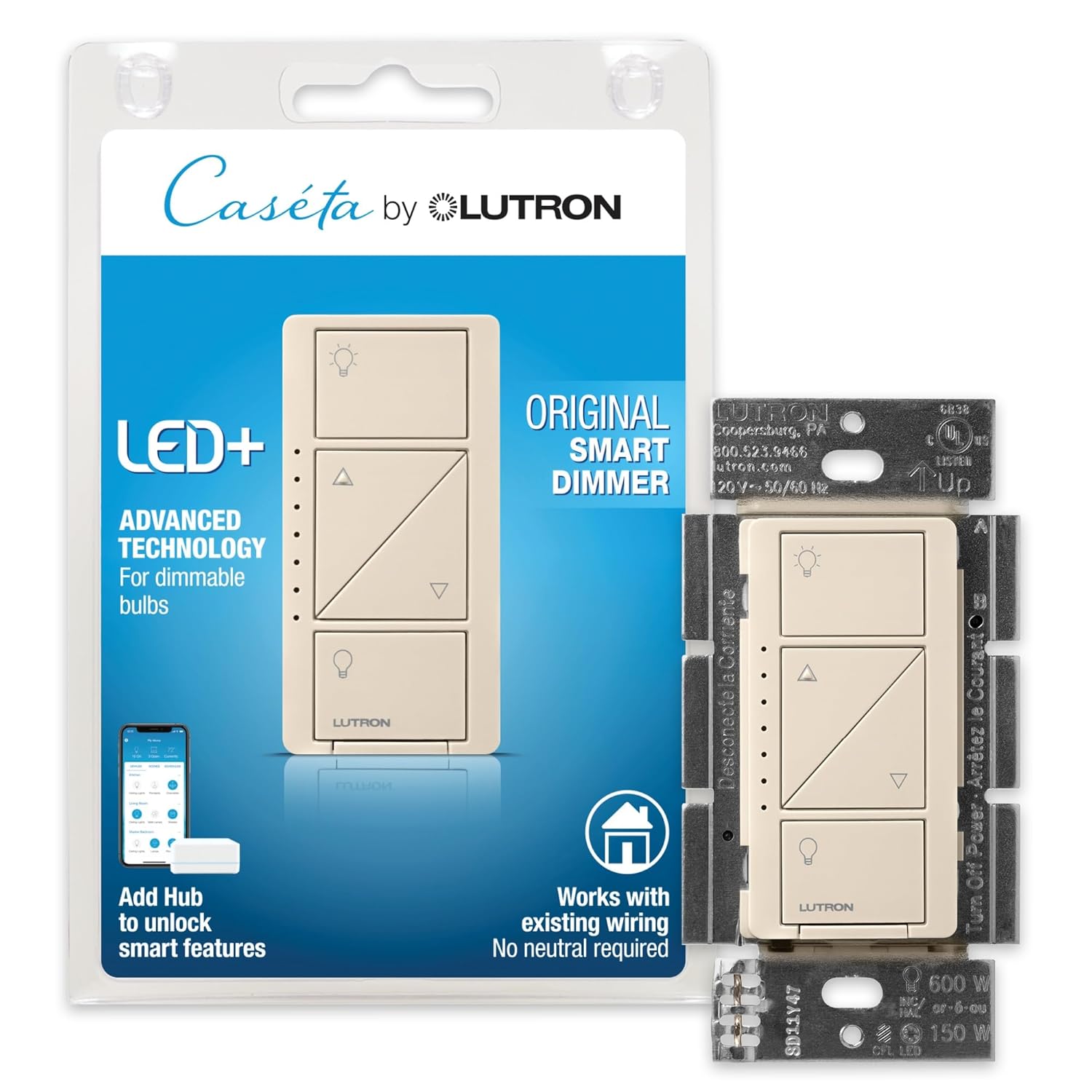 Lutron Caseta Smart Dimmer Switch for LED Lights, Light Almond