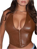 Floerns Y2K PU Leather Halter Neck Asymmetrical Crop Tank - Sexy Fit