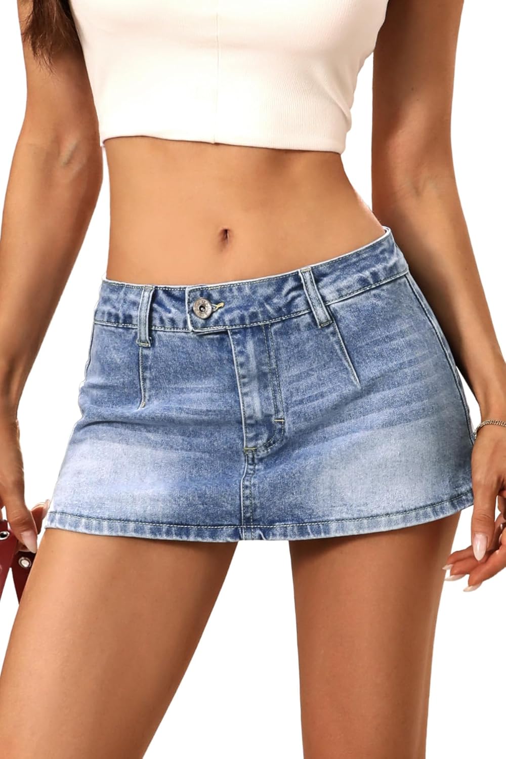 ELLEVEN Low Rise Denim Mini Skirt with Built-In Shorts for Women