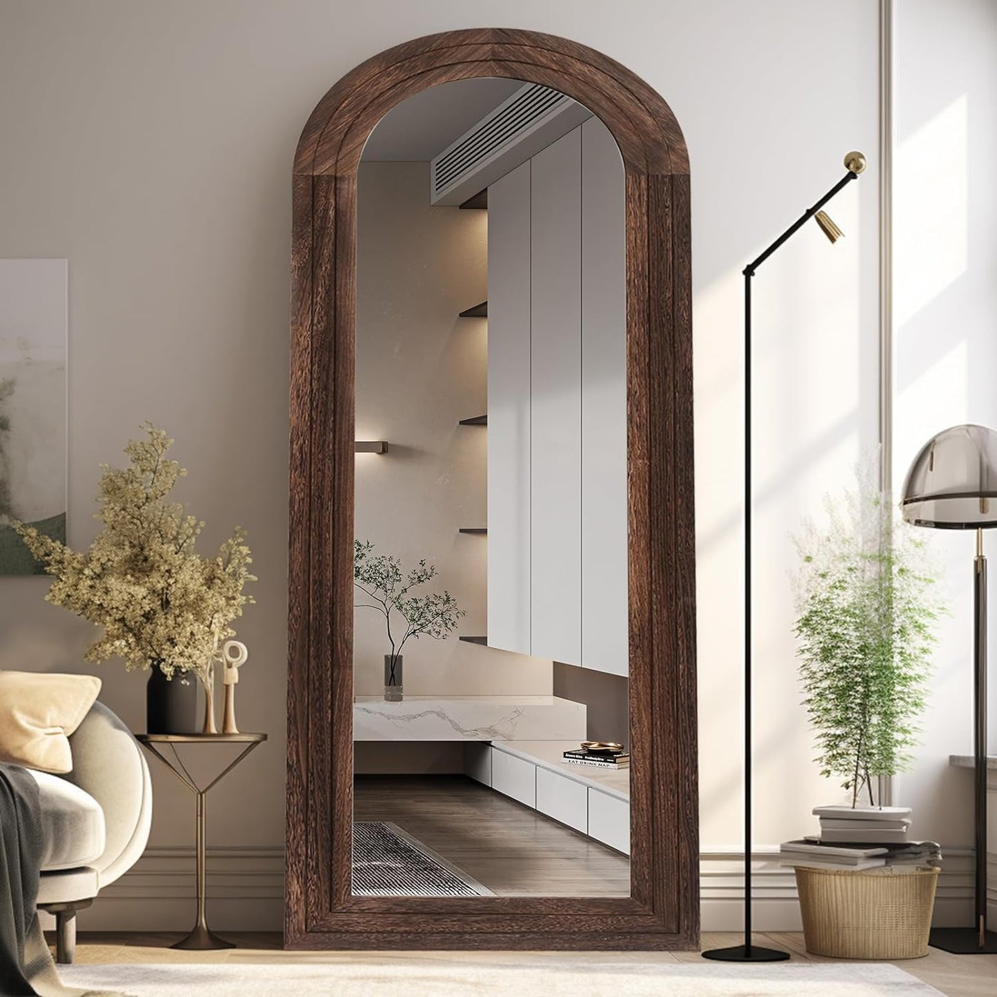 Arched Full Length Mirror with Solid Wood Frame for Home Decor