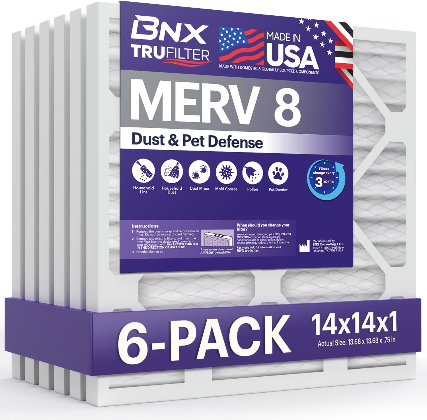 BNX TruFilter 14x14x1 MERV 8 - 6 Pack USA Made Pet & Dust Defense Air Filters