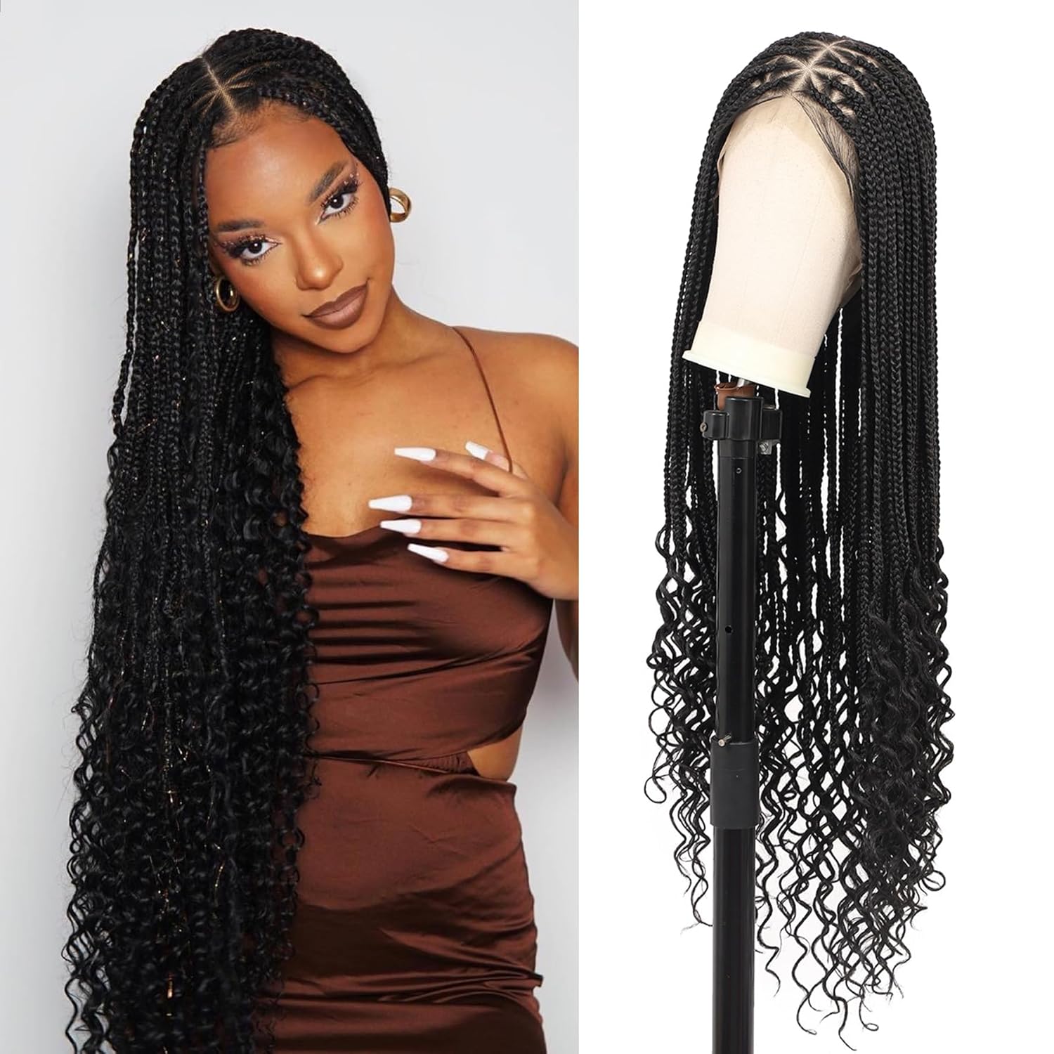 36in HD Full Lace Braided Wigs for Women with Boho Curly Ends