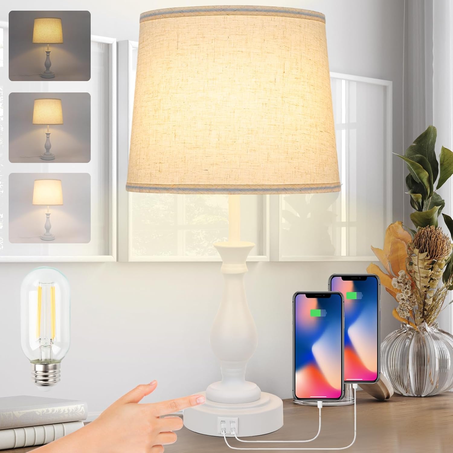 Farmhouse Table Lamp with Touch Control and USB Ports