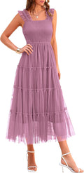 PRETTYGARDEN Tulle Midi Dress Sleeveless Smocked Ruffle - Flattering
