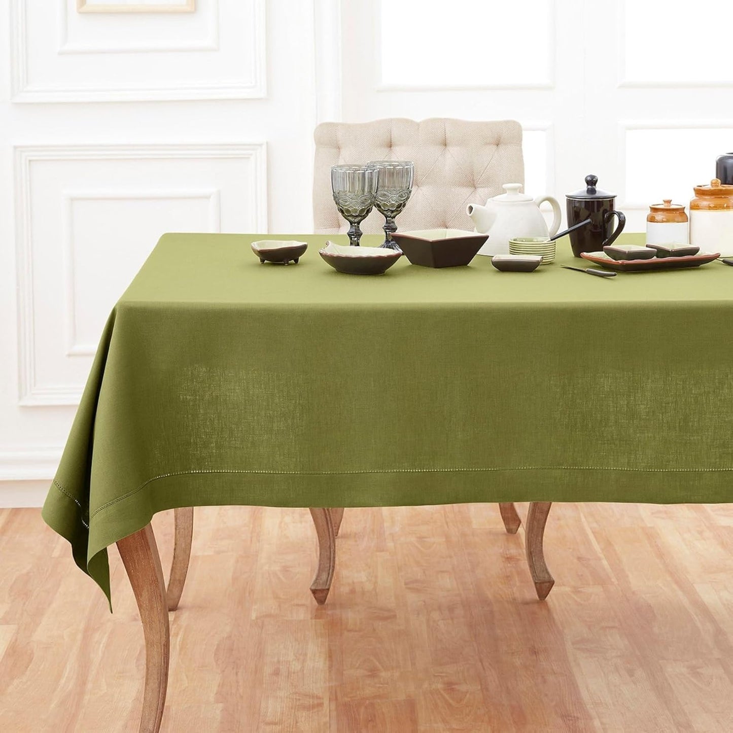Pure Linen Tablecloth 60 x 90 Inch in Avocado Green for Fall