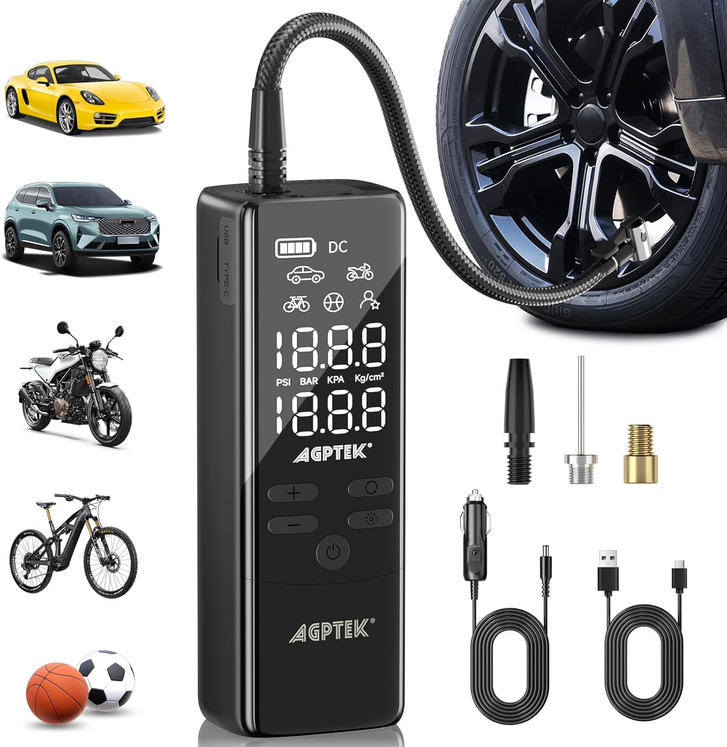 AGPTEK Portable Air Compressor: Fast Inflation, LCD Display, LED Light