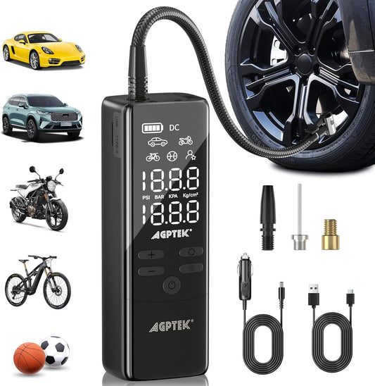 AGPTEK Portable Air Compressor: Fast Inflation, LCD Display, LED Light