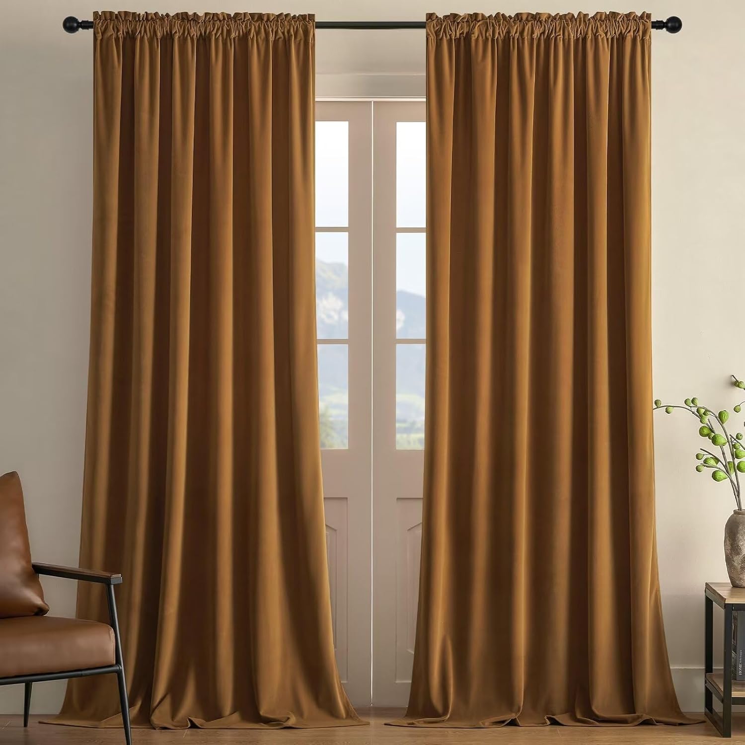 Joydeco Camel Brown Velvet Curtains for Luxurious Home Decor