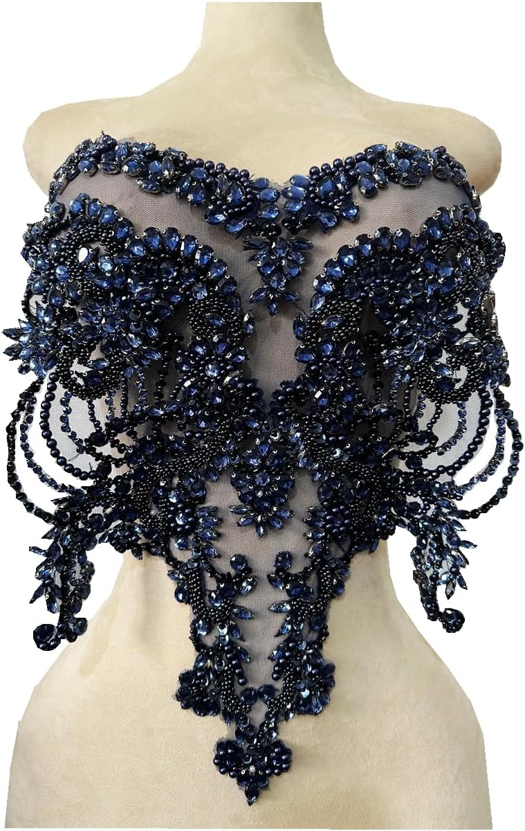 Handmade Rhinestones Lace Bodice Applique for Dress Clothes