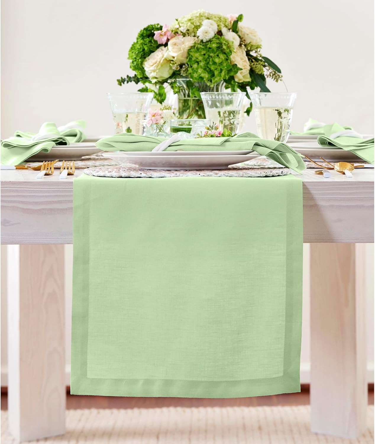 Pastel Green Table Runner 100% Pure Linen for Stylish Decor