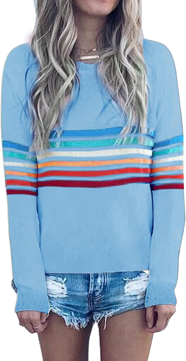 ECOWISH Women's Sweater Colorful Striped Long Sleeve Pullover
