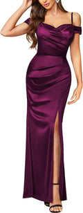 Miusol Women's Off Shoulder Satin High Split Ruched Maxi Dress