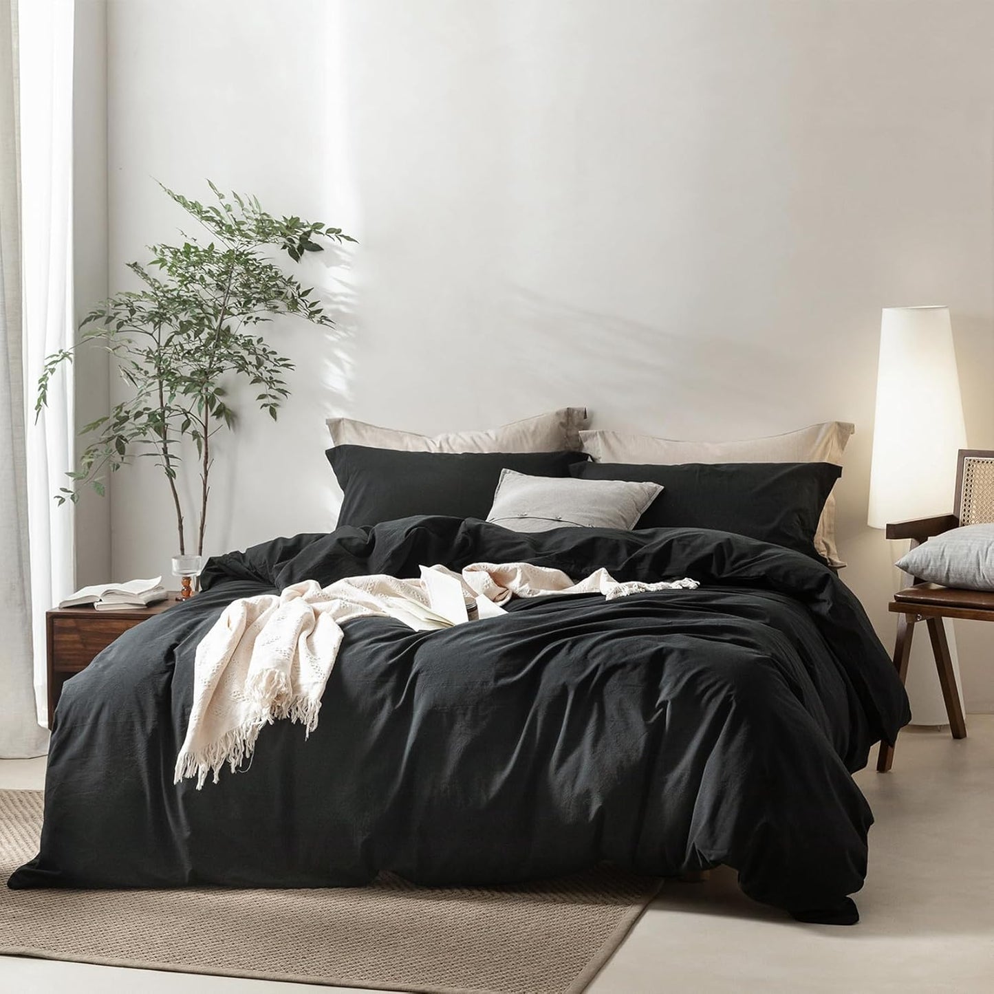 Linen Feel Black Duvet Cover Super Queen Size for Cozy Sleep