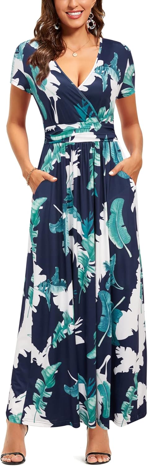 OUGES Womens' V-Neck Pattern Pocket Maxi Long Dress Review