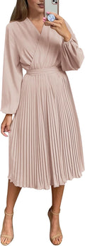 PRETTYGARDEN Women's Spring Midi Dress Puff Sleeve Wrap V Neck