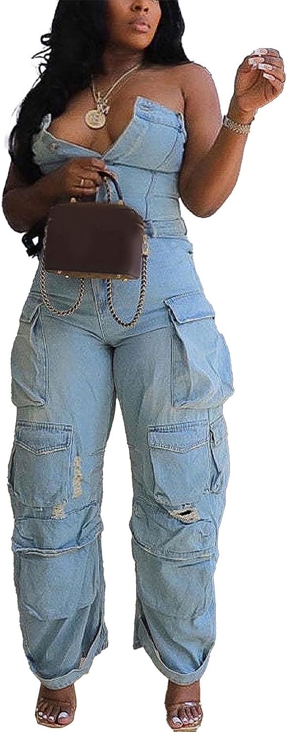 LKOUS Casual Cargo Denim Jumpsuit for Women with Multi Pockets