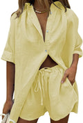 Women 2-Piece Summer Button Down Top and Shorts Set - Casual Chic