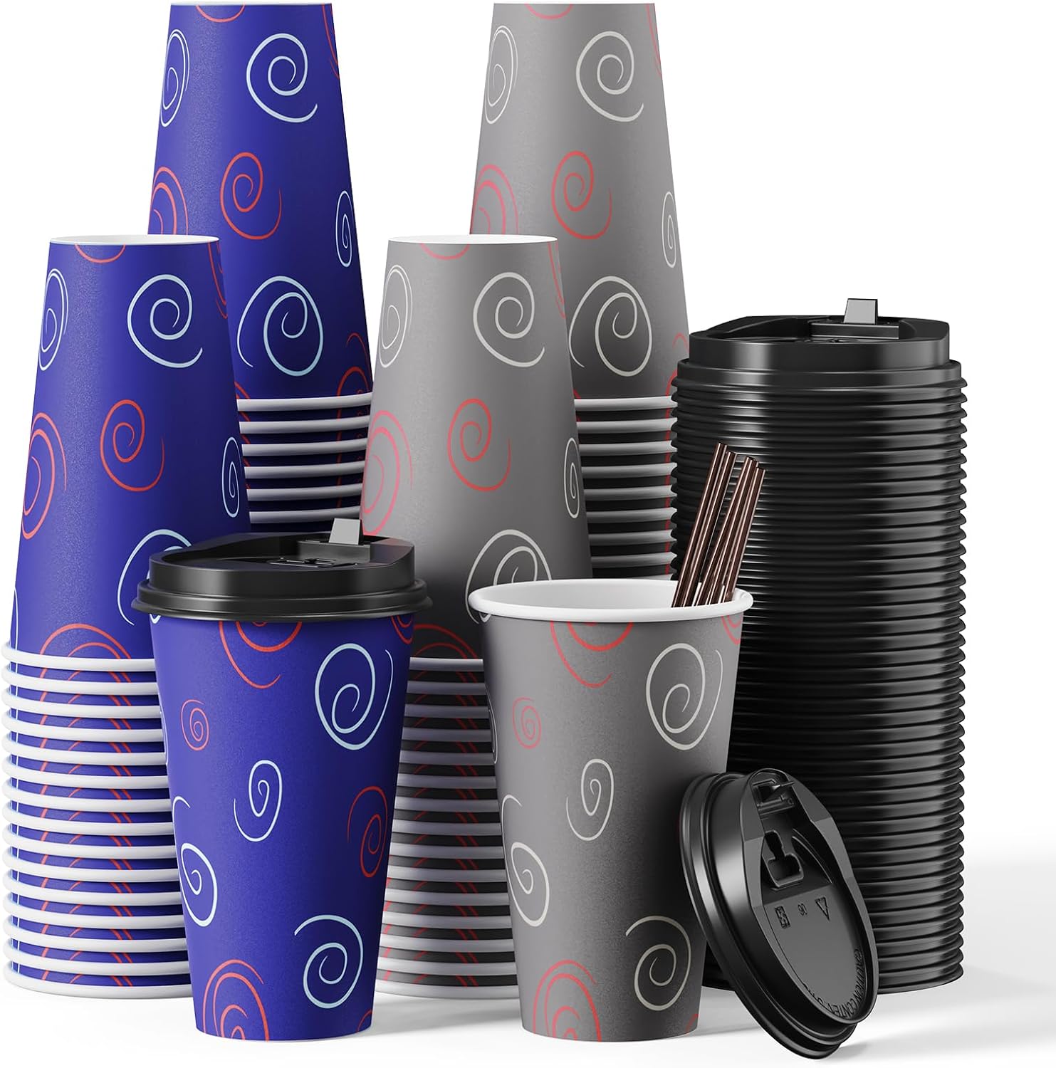 100 Pack 16 oz Disposable Coffee Cups with Lids - Hot Drink Convenience
