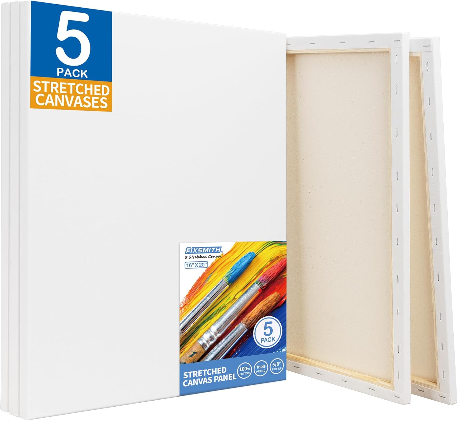 FIXSMITH Stretched White Blank Canvas - 16x20 Inch, 5 Pack