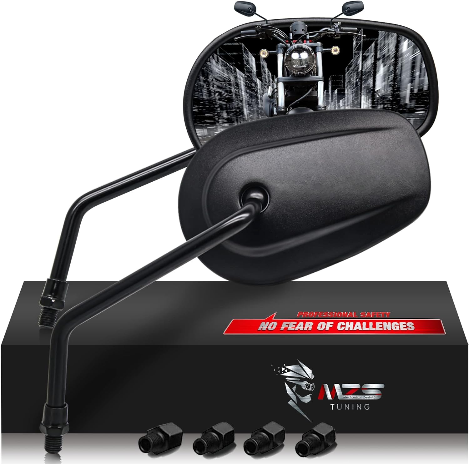 MZS Black Motorcycle Mirrors 10MM for Street and Cruiser Bikes
