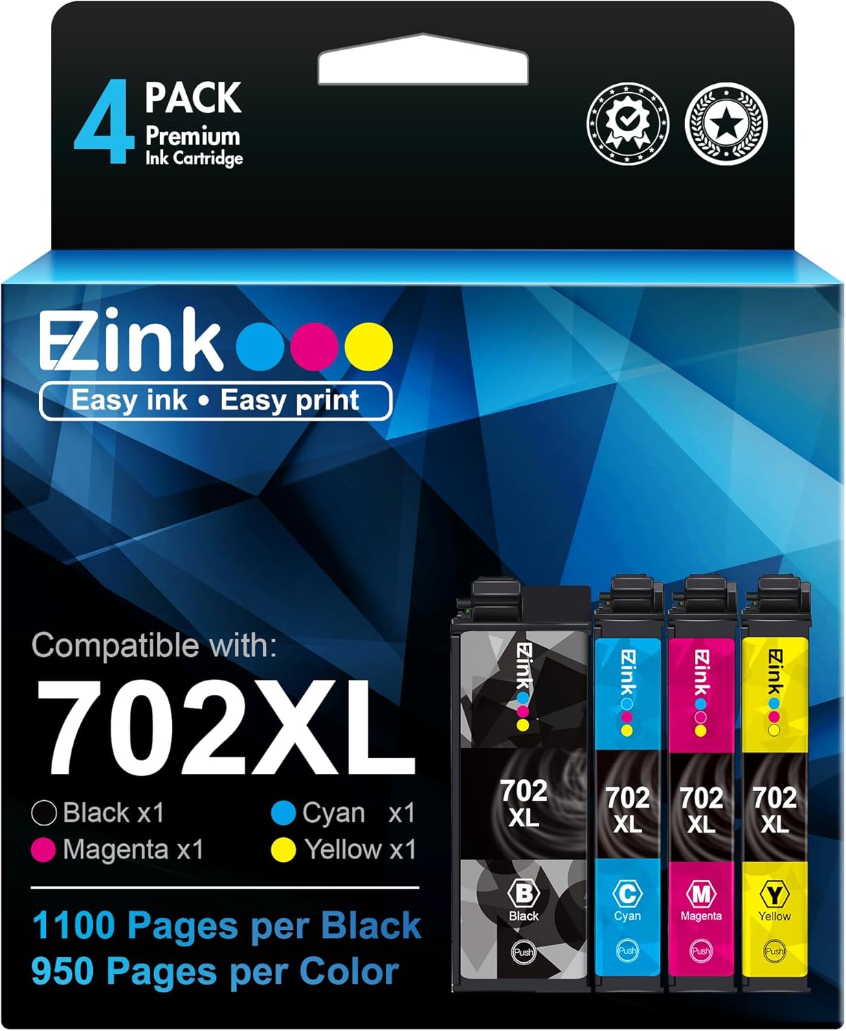 Epson 702XL Ink Replacement - Vibrant Colors in 4 Pack