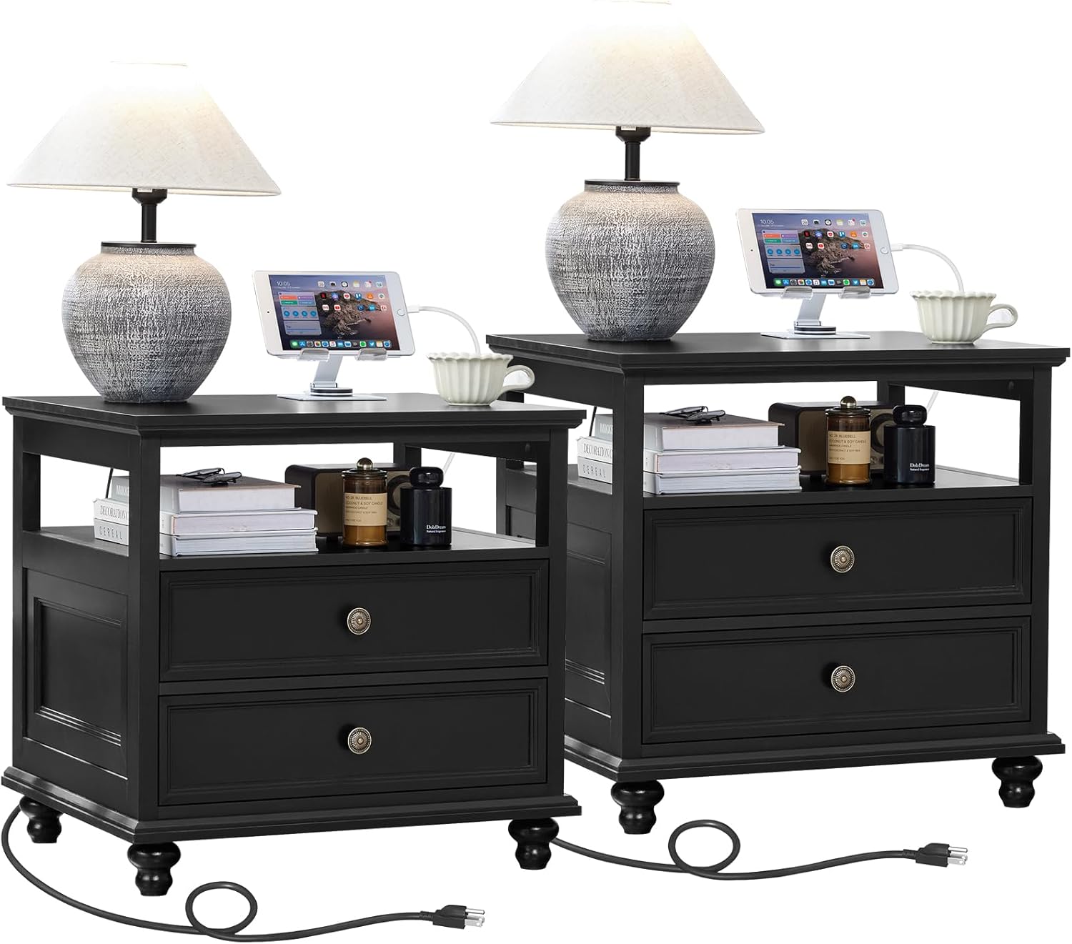 Farmhouse Nightstand Set of 2 with Charging Station for Bedroom