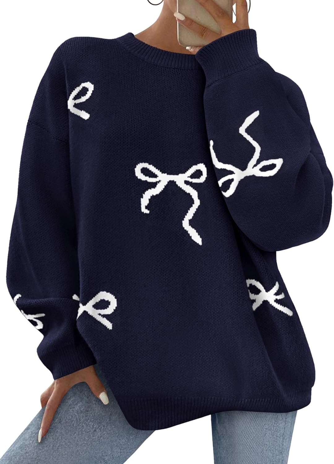 Trendy Crewneck Casual Bow Chunky Knit Oversized Sweater