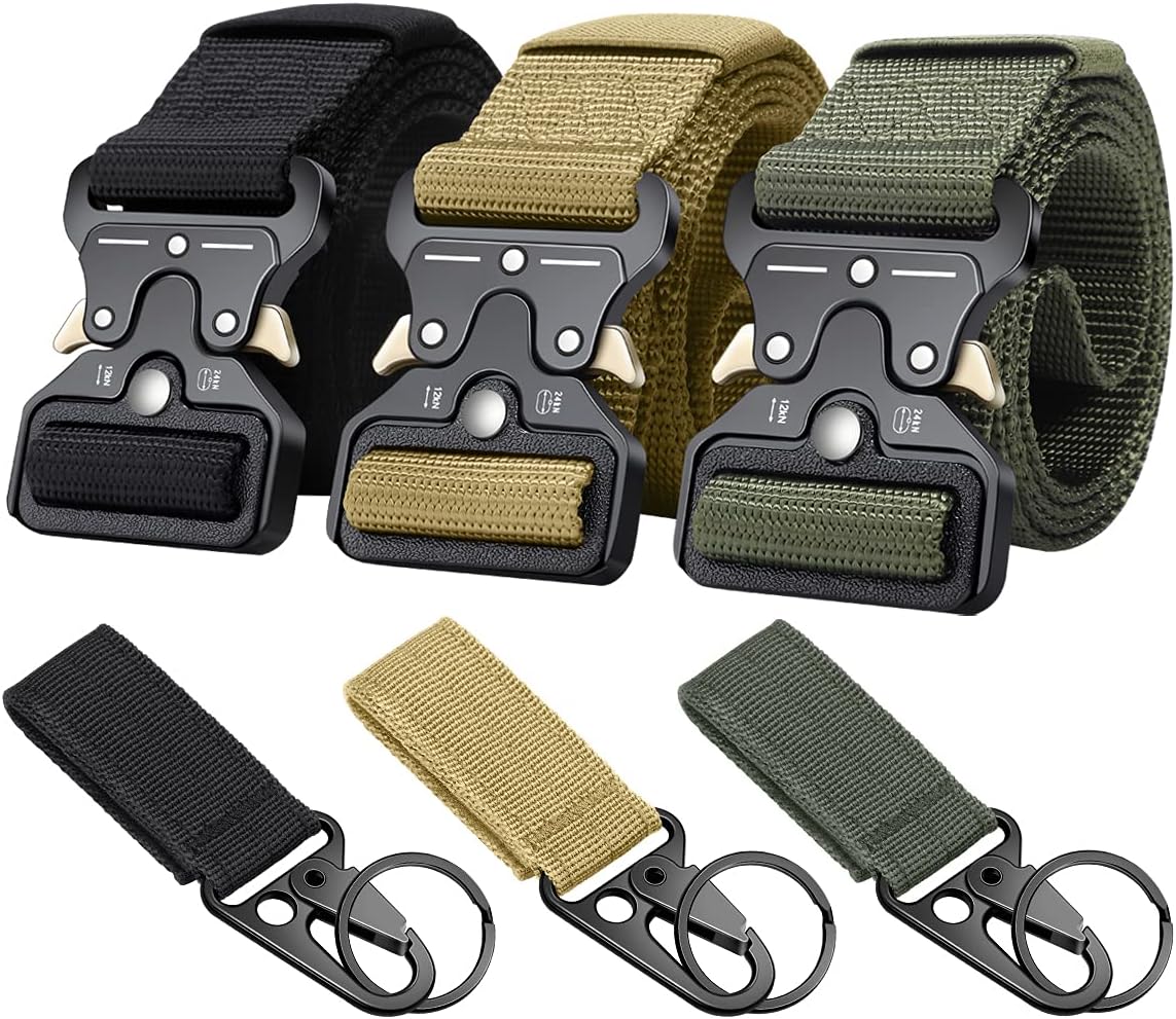 3-Pack Tactical Belts for Men, Quick-Release Metal Buckle, Molle Key Ring Holder