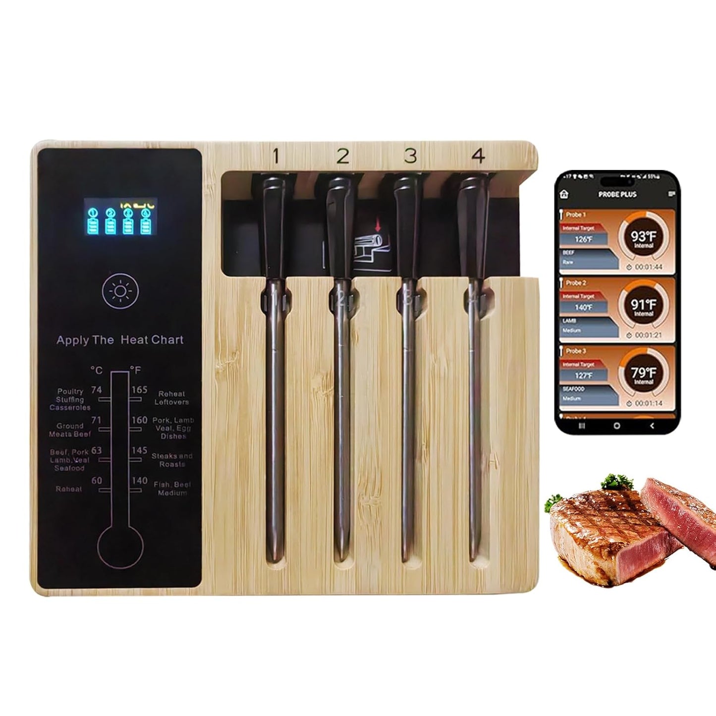 Bluetooth Meat Thermometer, 4 Probes, Waterproof, Certified Accuracy