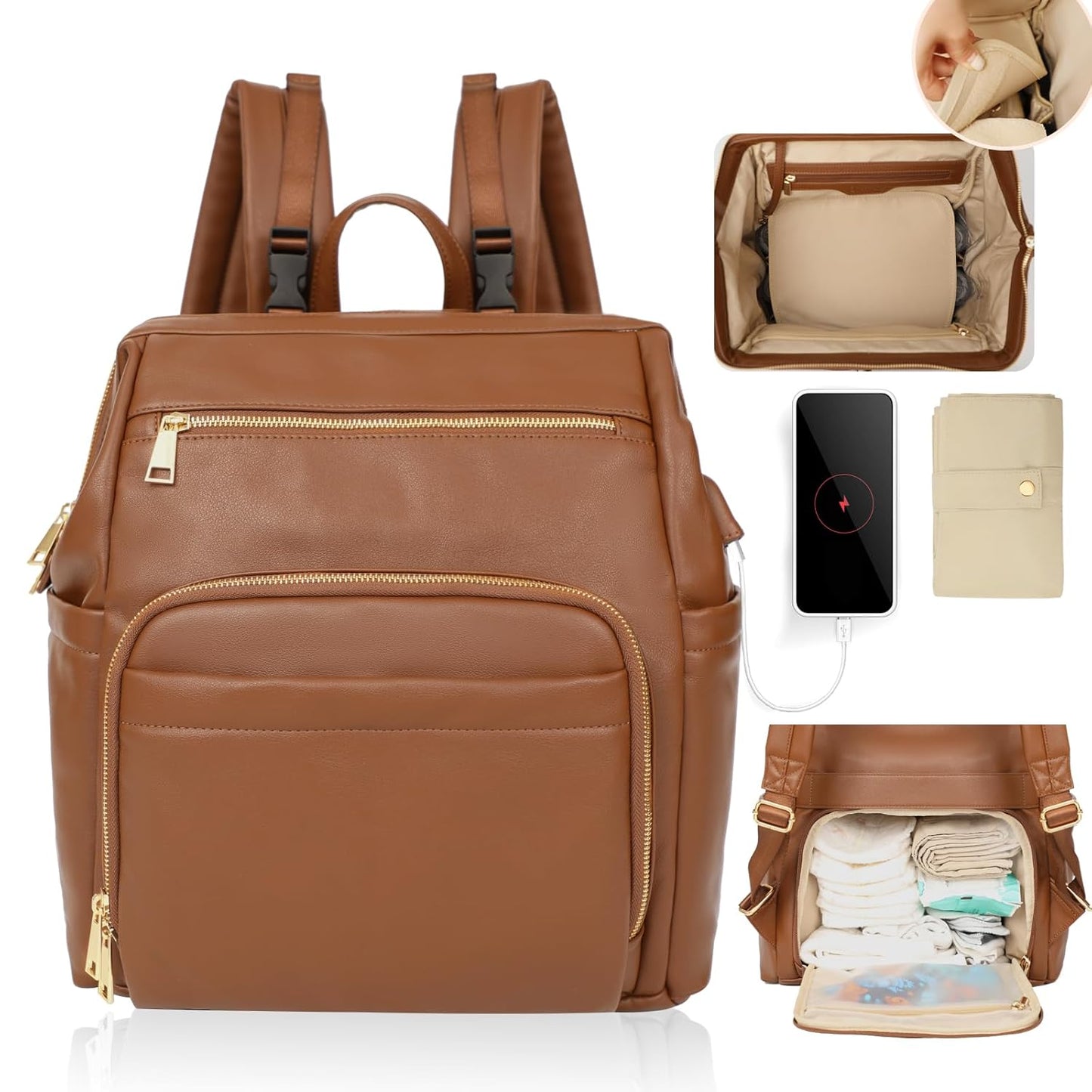 Large Leather Diaper Bag Backpack with Insulated Pockets