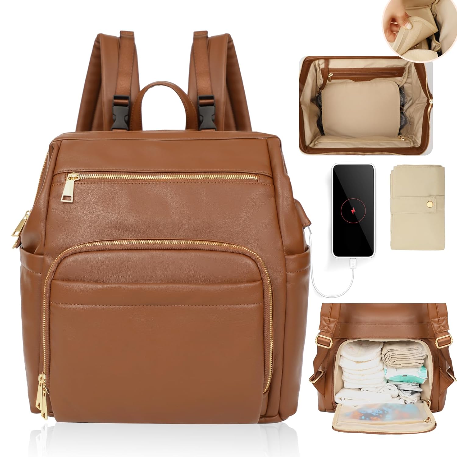 Large Leather Diaper Bag Backpack with Insulated Pockets