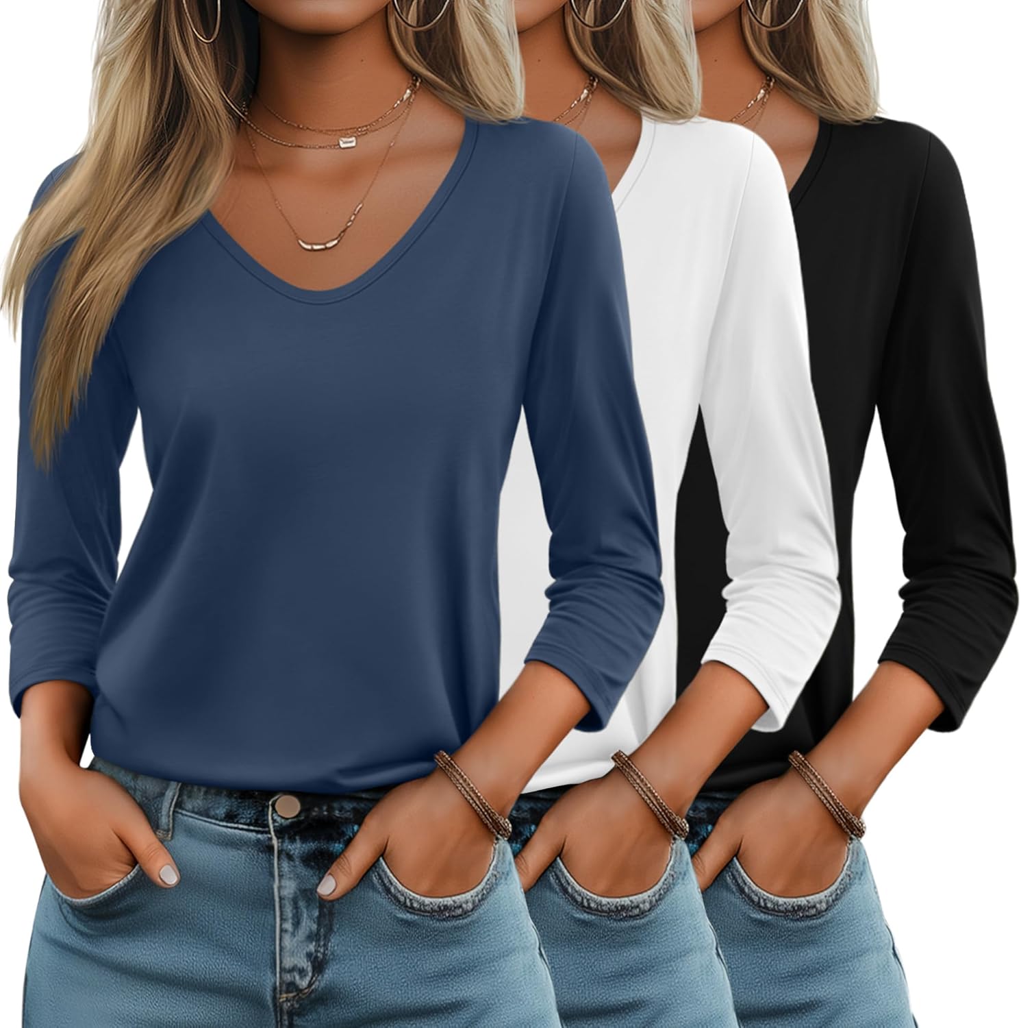 Huukeay Women's 3/4 Sleeve V Neck Casual Tops for Every Occasion