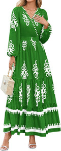 PRETTYGARDEN Boho Floral Long Sleeve V Neck Maxi Dress - Flowy Fall
