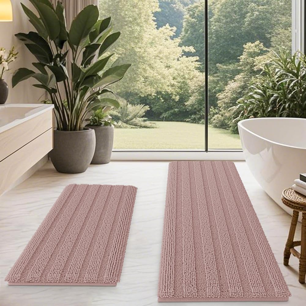 Ultra Soft Striped Dusty Pink Bathroom Rug Mat Set for Luxury