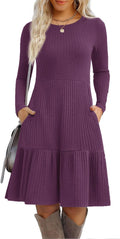 Womens Long Sleeve Fall Knit Sweater Dress with Pockets - Flowy Casual