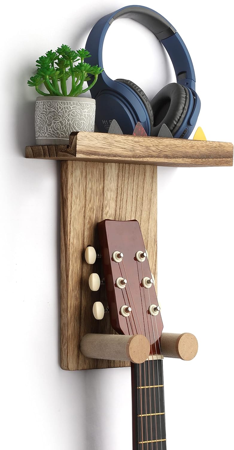 Keebofly Guitar Wall Mount: Rustic Wood, Pick Holder, Patented