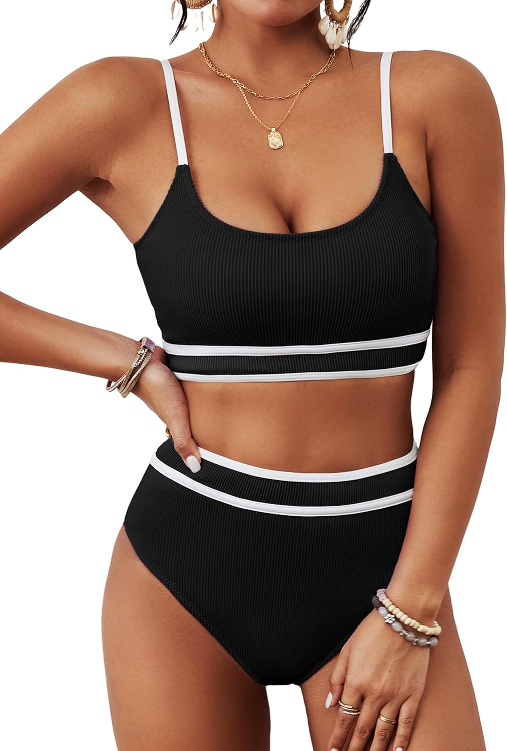 BMJL Women's High Waisted Bikini Ribbed Two Piece Swimsuit