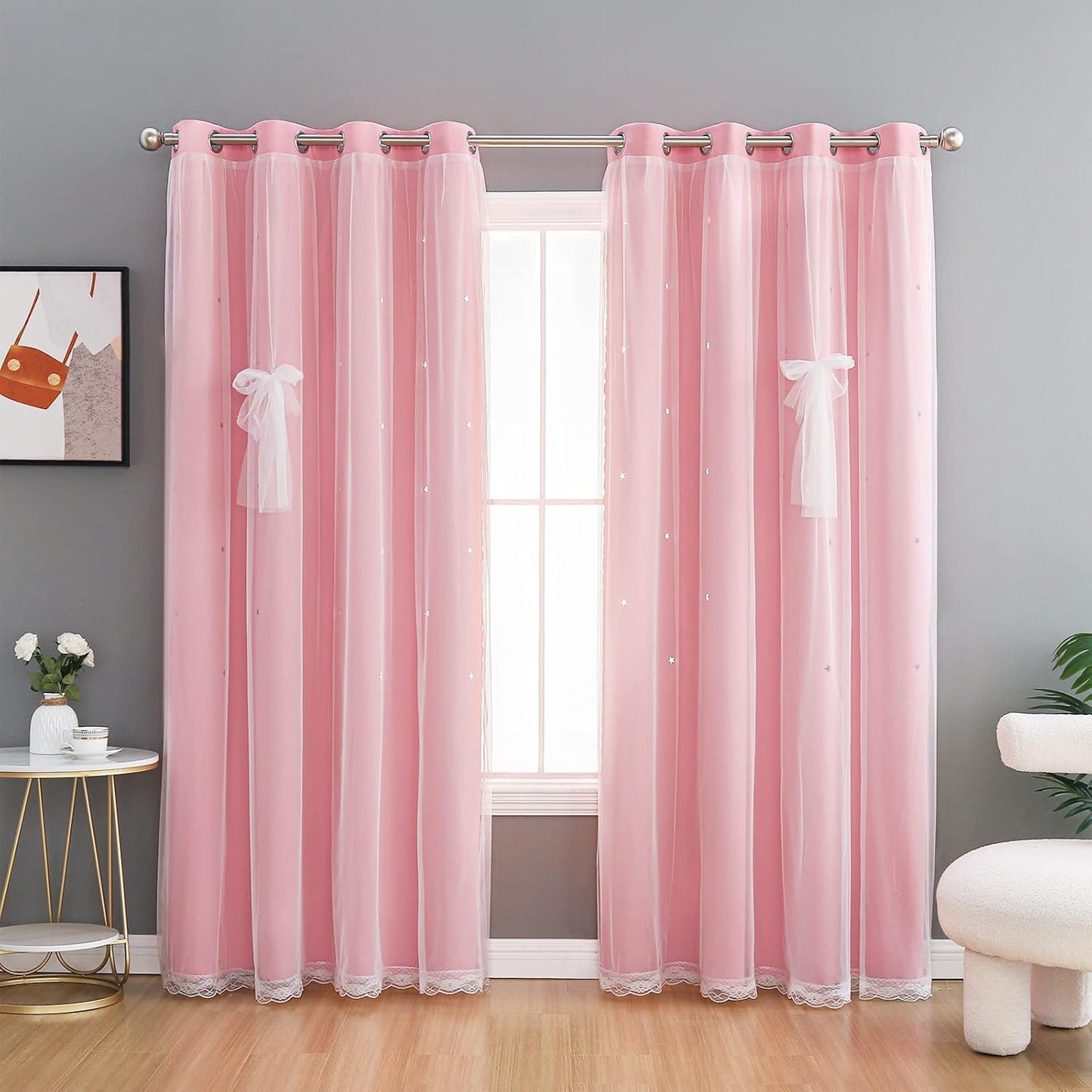 Melodieux Stars Pink Blackout Curtains Set - Double Layer Room Darkening for Girls