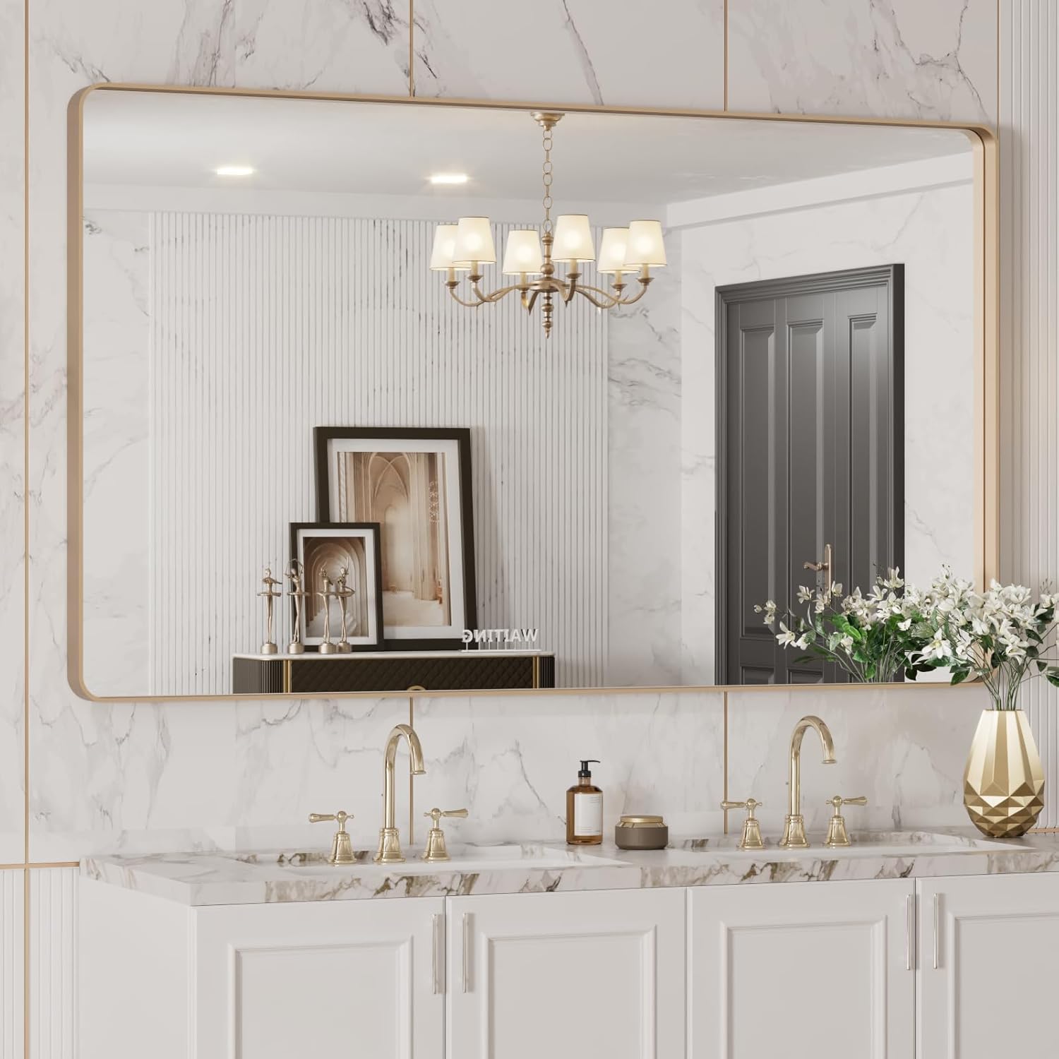 50X30 Gold Bathroom Mirror with Rounded Rectangle Frame Design