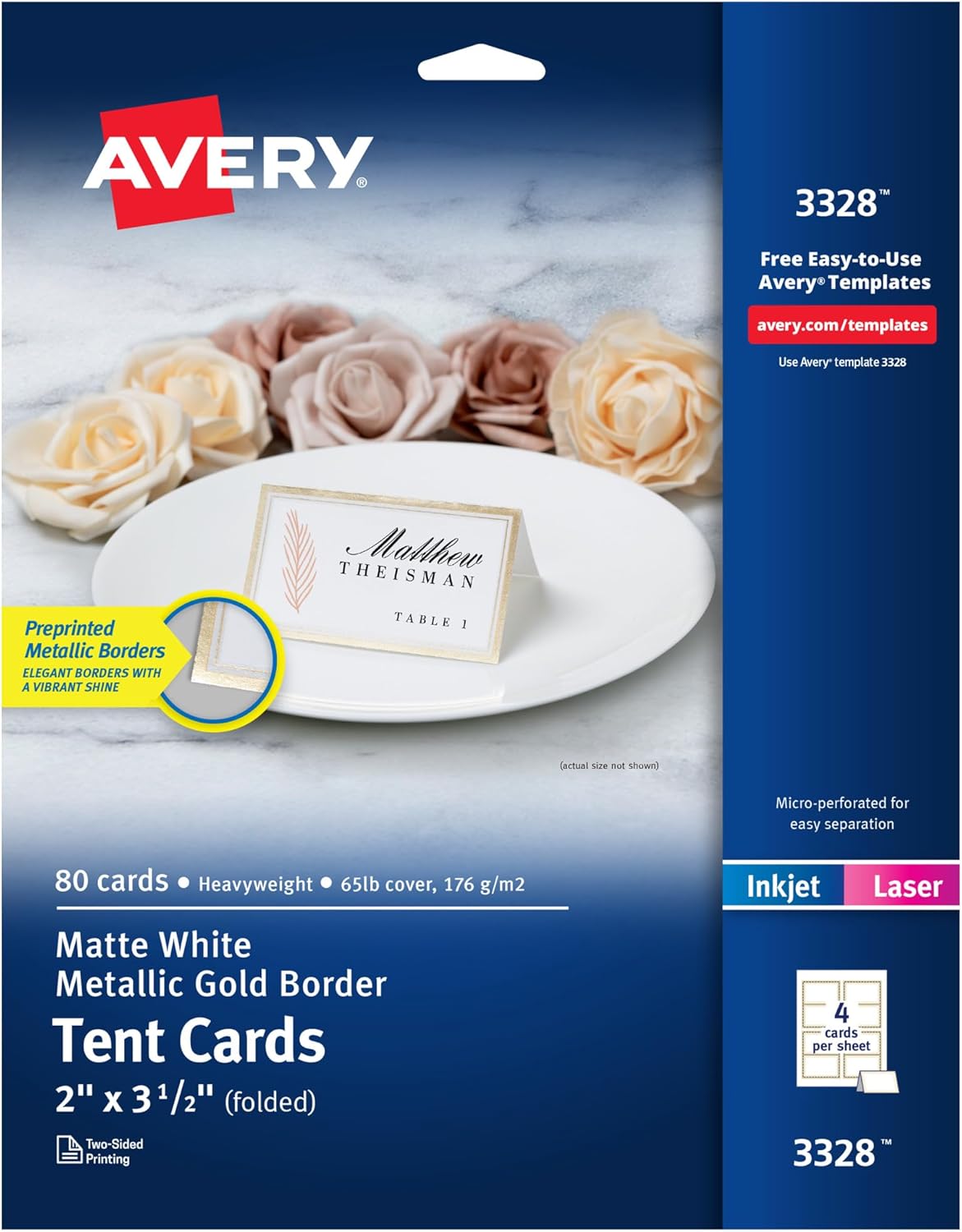 Avery Printable Tent Card with Gold Borders for Events