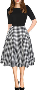 Women's Vintage Patchwork Pockets Puffy Swing Dress - Classic Hepburn