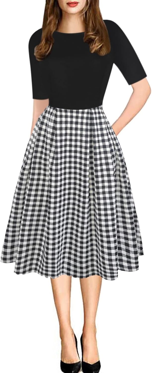 Oxiuly Women's Vintage Patchwork Pockets Swing Dress Review